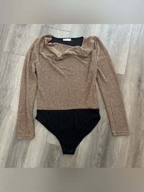Cache Cache Gold Metallic Shimmer Cowl Neck Bodysuit Size M